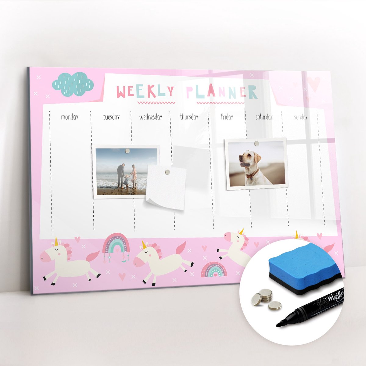 Tulup Whitebord - Weekplanner voor kinderen - 60 x 40 cm - Roze Magneetbord Design - Gratis 5 Sterke Magneten + Whiteboard Marker & Wisser - Minimalistisch Prikbord - Magneetbord Design - Notitiebord Werkplek