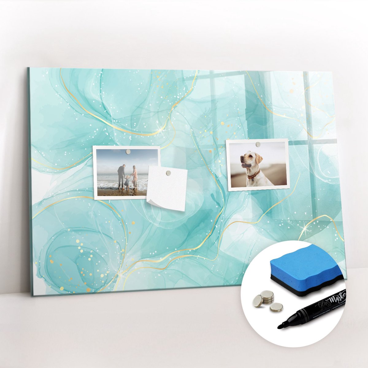 Tulup Whitebord - Abstract marmer - 60 x 40 cm - Turkoois Memo Bord - Gratis 5 Sterke Magneten + Whiteboard Marker & Wisser - Industrieel Wandbord - Memo Bord - Inspiratiebord Kantoor