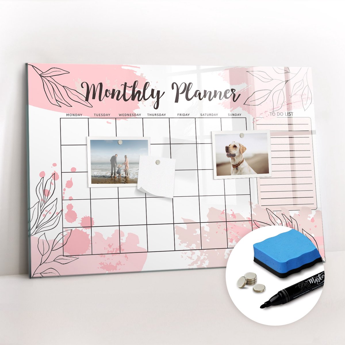 Tulup Whitebord - Roze maandplanner - 60 x 40 cm - Roze Memo Bord - Gratis 5 Sterke Magneten + Whiteboard Marker & Wisser - Organizer Muur - Magneetbord Muur - Notitiebord Werkplek