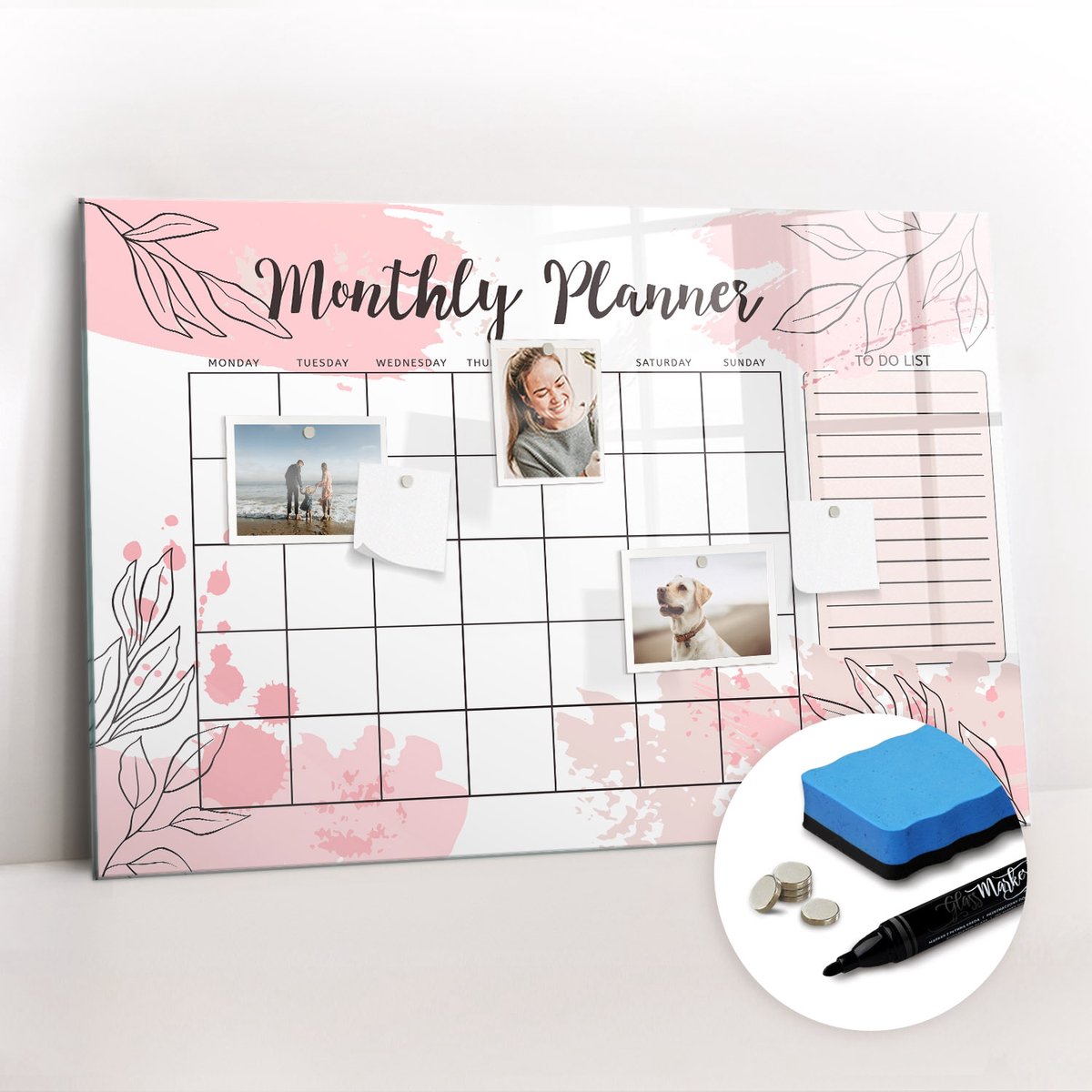 Tulup Whitebord - Roze maandplanner - 90 x 60 cm - Roze Magnet Board - Gratis 5 Sterke Magneten + Whiteboard Marker & Wisser - Moderne Wanddecoratie - Magneetbord Keuken - Notitiebord Werkplek