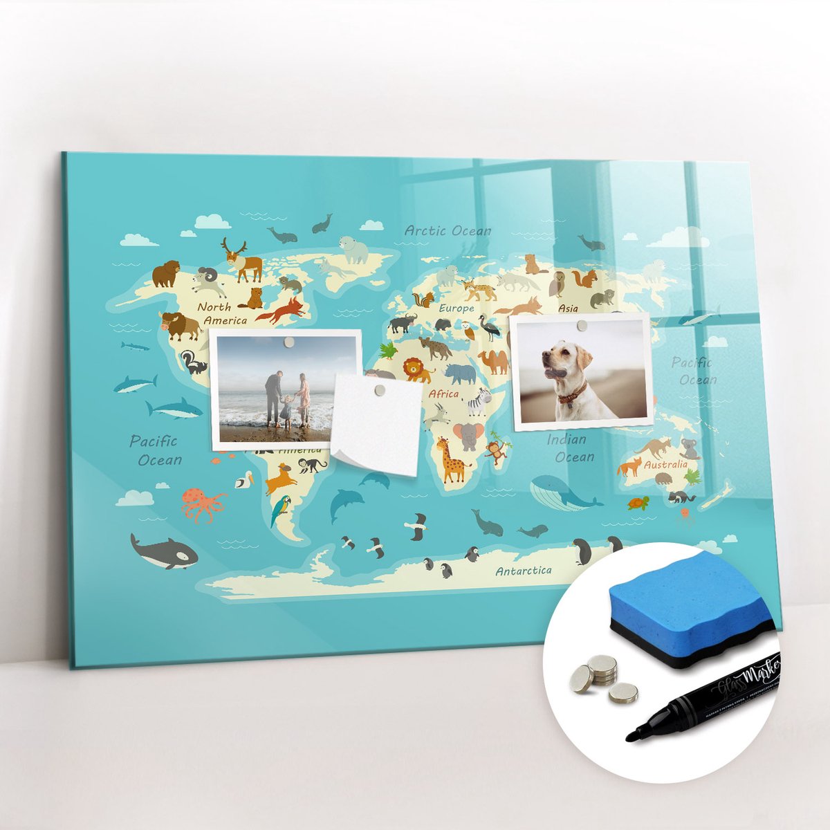 Tulup Whitebord - Educatieve wereldkaart - 60 x 40 cm - Blauw Magnetic Board - Gratis 5 Sterke Magneten + Whiteboard Marker & Wisser - Wanddecoratie Kantoor - Magneetbord Rechthoekig - Inspiratiebord Kantoor