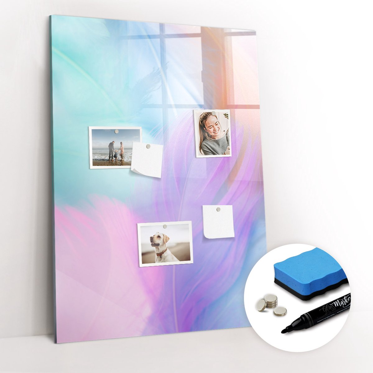 Tulup Whitebord - Pastelkleurige veren - 70 x 100 cm - Veelkleurig Memobord Magnetisch - Gratis 5 Sterke Magneten + Whiteboard Marker & Wisser - Design Memobord - Magnetisch Memobord - Ideeënbord Thuiswerkplek