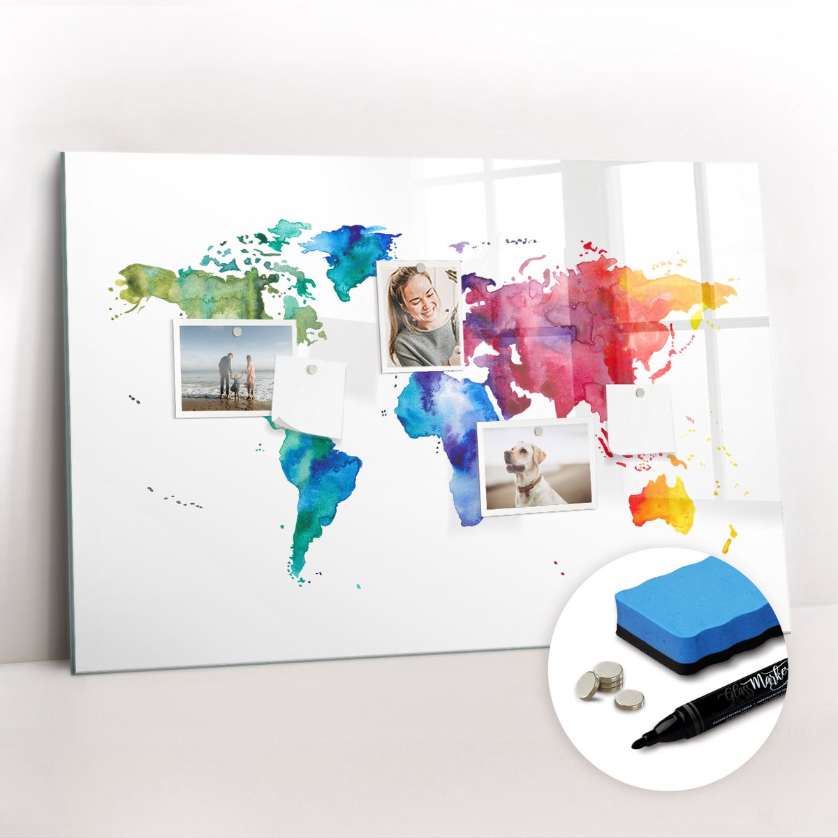 Tulup Whitebord - Aquarel wereldkaart - 90 x 60 cm - Veelkleurig Magnetisch Memobord - Gratis 5 Sterke Magneten + Whiteboard Marker & Wisser - Industrieel Wandbord - Magneetbord Design - Productiviteit Tools