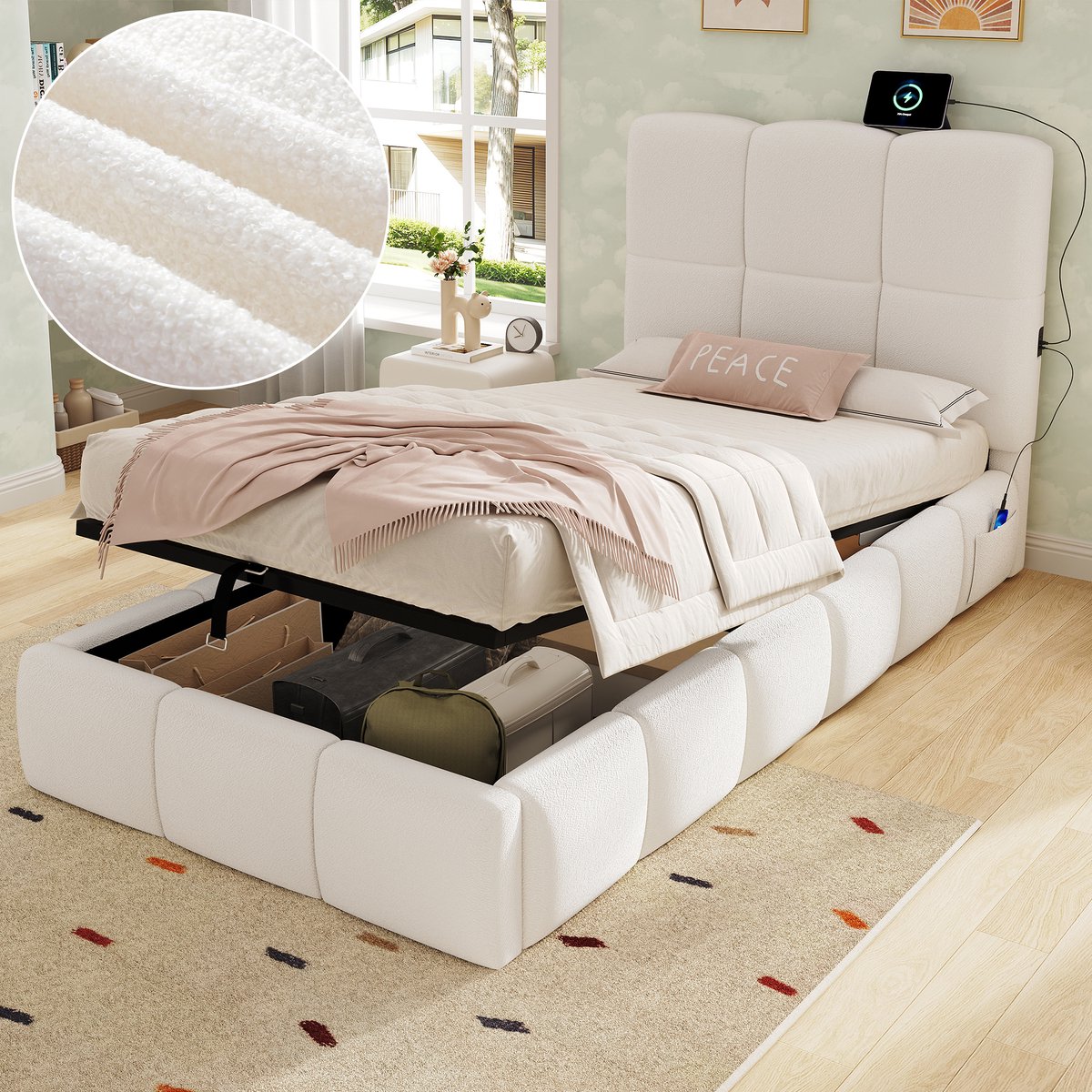 Polsterbed Kinder 90x200cm - Bezaubernd Design met USB-Ladeanschluss - Beige