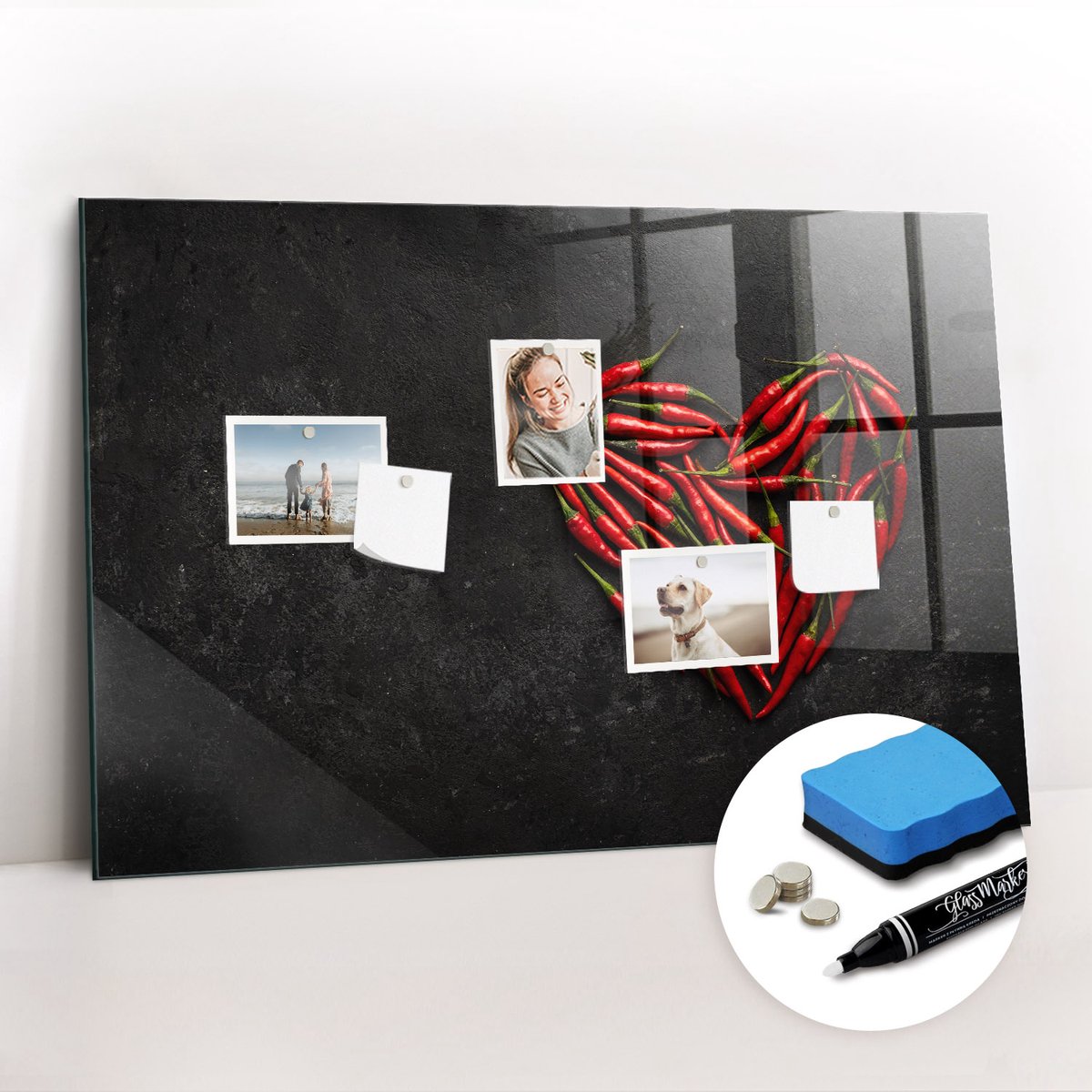 Tulup Whitebord - paprikaharten - 90 x 60 cm - Rood Memo Magneetbord - Gratis 5 Sterke Magneten + Whiteboard Marker & Wisser - Decoratief Magnetisch Bord - Memo Magneetbord - Ideeënbord Thuiswerkplek