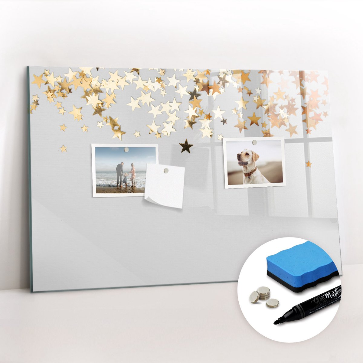 Tulup Whitebord - Sterren - 60 x 40 cm - Grijs Memobord Glas - Gratis 5 Sterke Magneten + Whiteboard Marker & Wisser - Organizer Muur - Magneetbord Rechthoekig - Organiseer Je Bureau