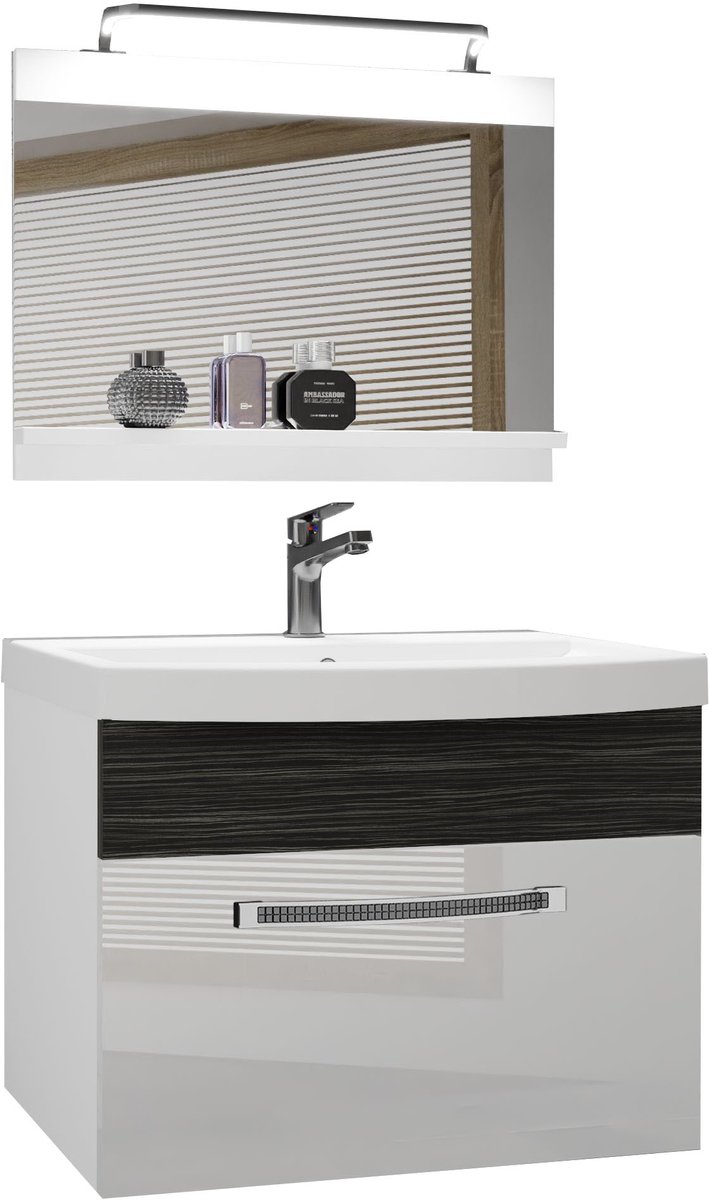 BELINI Badkamermeubel Set GLA PM 1 - Badmeubelset 60 cm Wit/Ebbenhout Royal Hoogglans en Mat met Wastafel, Spiegel en LED Lamp - Wandmontage