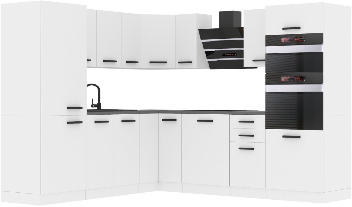 BELINI L-Vorm Keukenblok STACY - Keukenmeubel Set 420 cm Wit Mat met Werkbladen - Boven- en Onderkasten