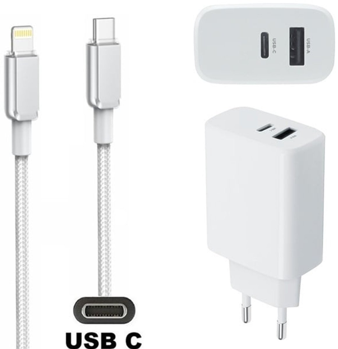 OneOne 25W super snellader met 2 poorten en screenprotector van glas voor iPhone 12 + 0,9m USB C naar Lightning kabel. PD lader. Universele oplader adapter. Glazen screenprotector past op Apple iPhone 12