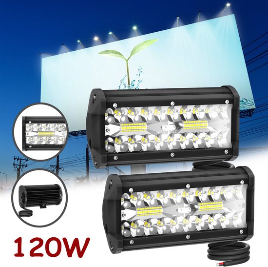 Twee zwarte 120W LED-lichtbalken met 3030 LED's en een kabel, gepresenteerd met een kleinere weergave van één balk.