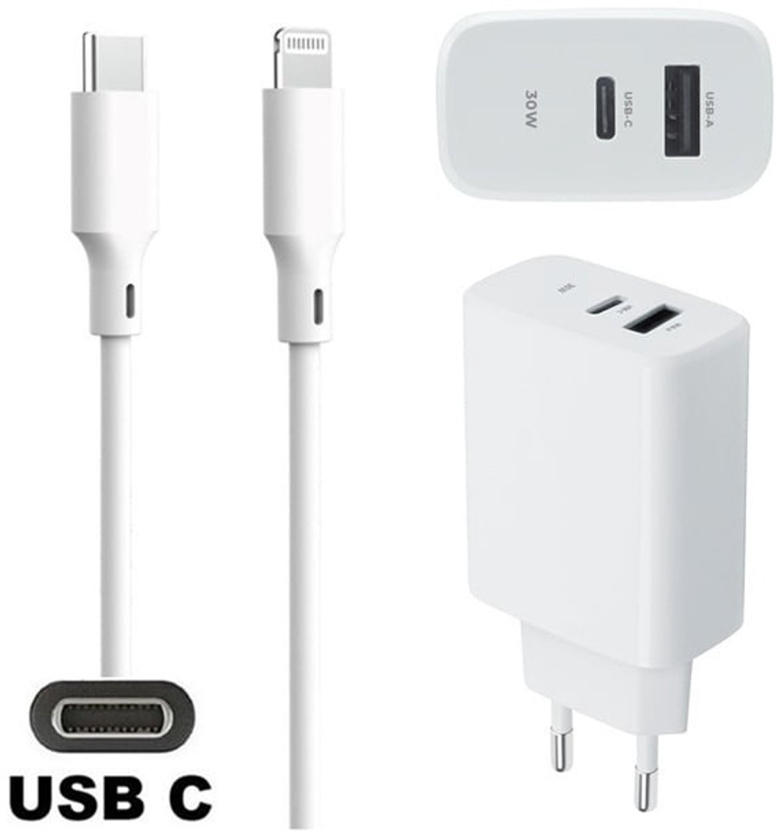 30W super snellader met 2 poorten en screenprotector + 1,5m USB C naar Lightning kabel. PD lader. Universele oplader adapter. Glazen screenprotector past op Apple iPhone 13 Pro Max & iPhone 14 Plus