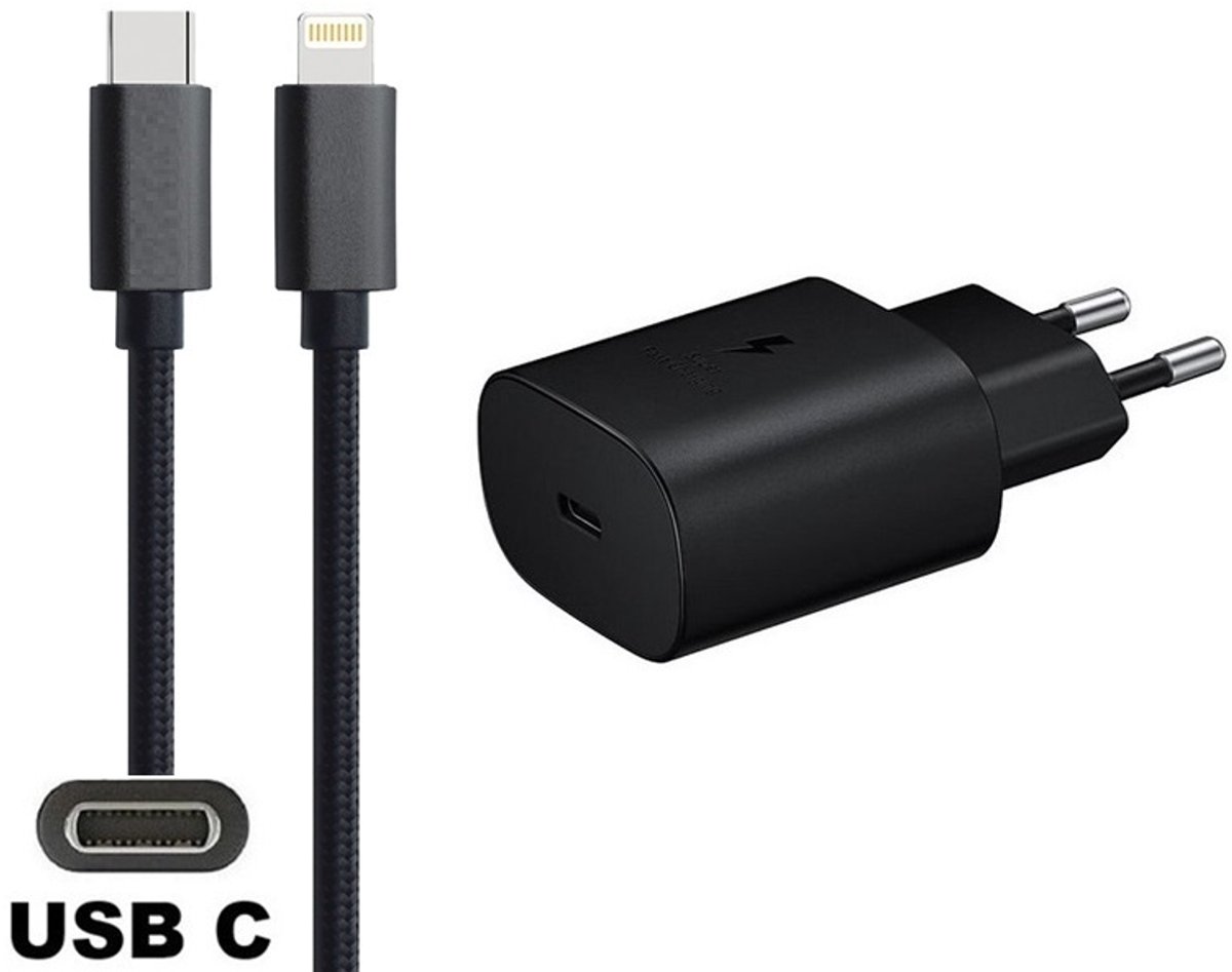 OneOne 25W super snellader en screenprotector van glas voor iPhone 13 Pro Max en iPhone 14 Plus + 1,5m USB C naar Lightning kabel. PD lader. Universele oplader adapter. Glazen screenprotector past op Apple iPhone 13 Pro Max & iPhone 14 Plus