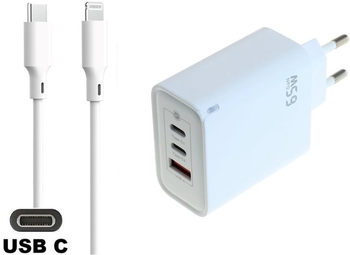 OneOne 65W super snellader met 3 poorten en screenprotector van glas voor iPhone 14 Pro Max. Oplader met sterke 1,5m USB C naar Lightning kabel. PPS GaN PD lader adapter. Glazen screenprotector past op Apple iPhone 14 Pro Max