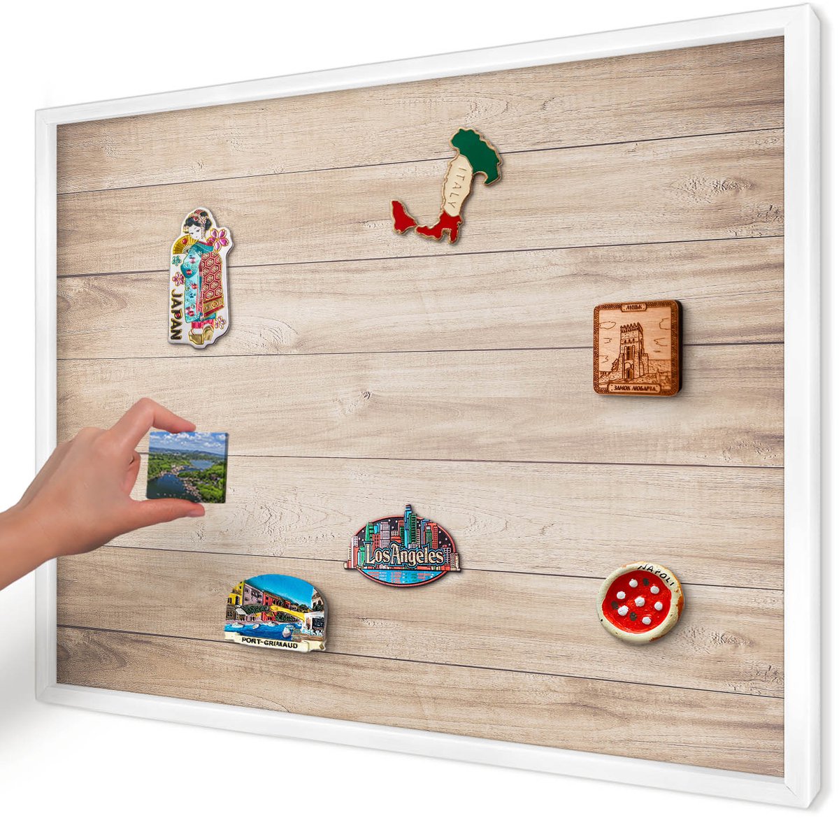 Artprintcave Bruin Magneetbord mit Witte Lijst - 70x50 cm - Houten Planken Notitiebord - Rustiek Wandbord Magnetisch - Texturen