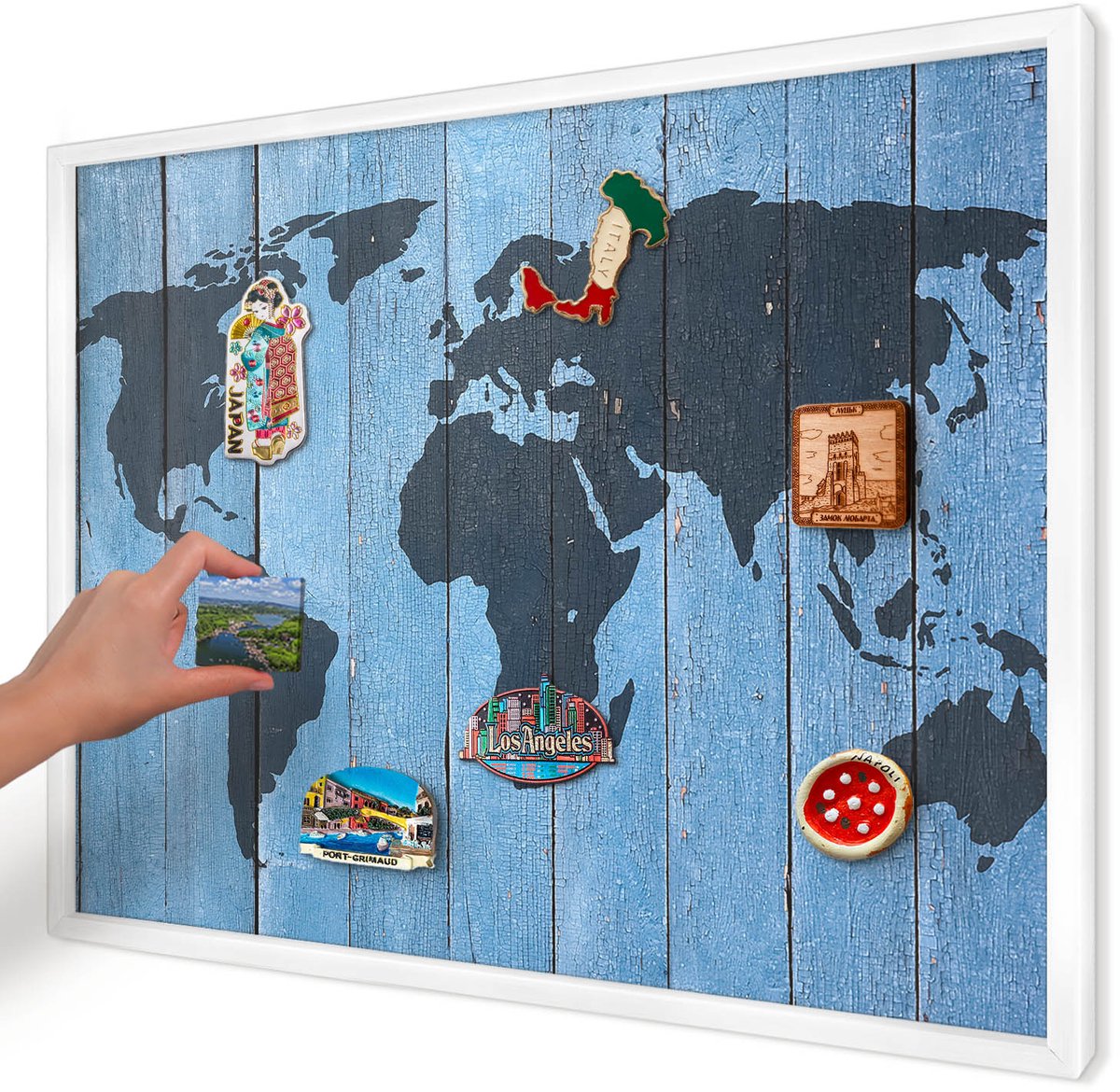 Artprintcave Blauw Magneetbord mit Witte Lijst - 70x50 cm - Wereldkaart Memobord Keuken - Rustiek Magnetisch Bord Voor Magneten - Kaarten
