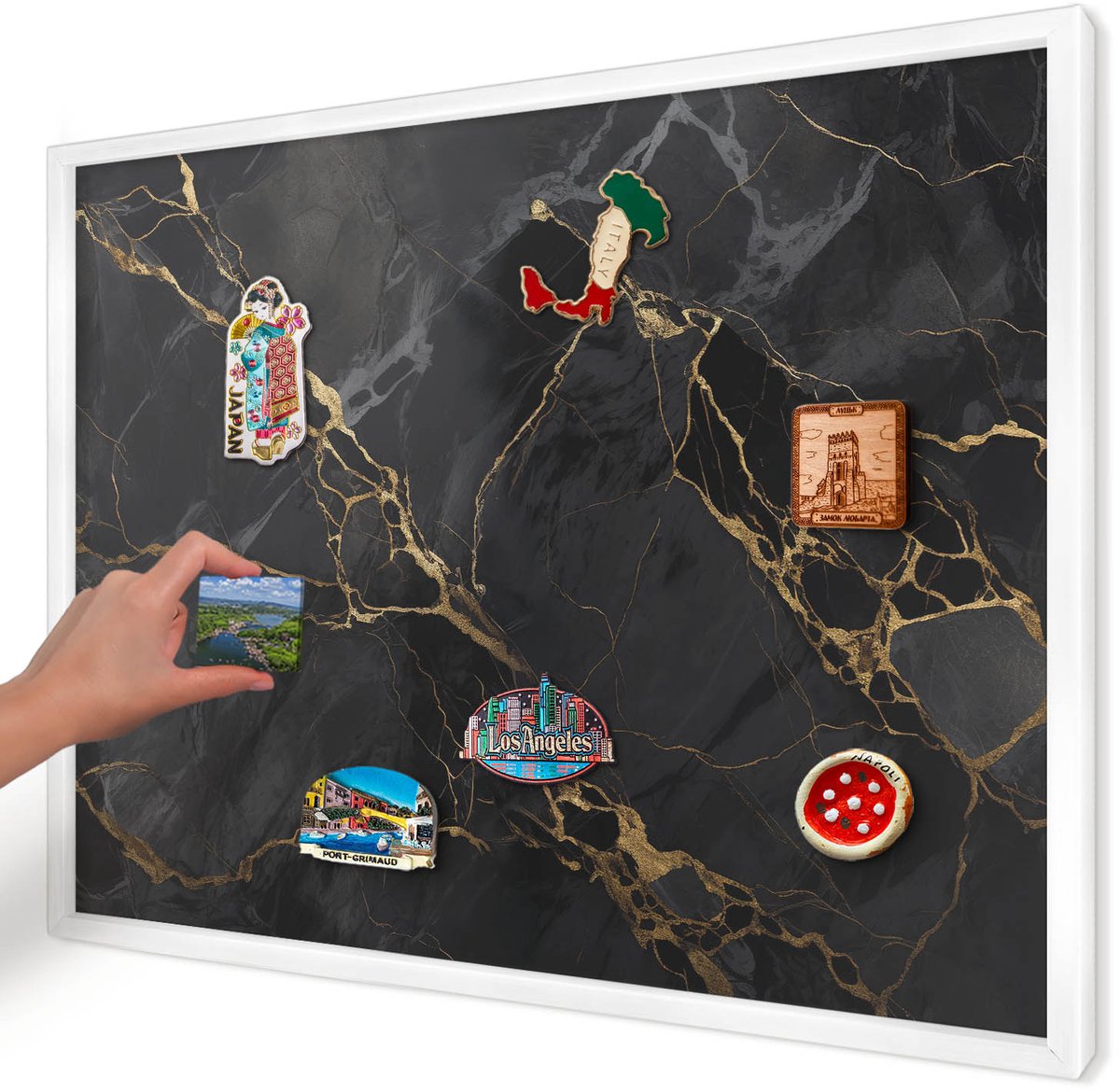 Artprintcave Zwart Magneetbord mit Witte Lijst - 70x50 cm - Zwart Marmer Magnetische Organizer - Modern Notitiebord - Texturen