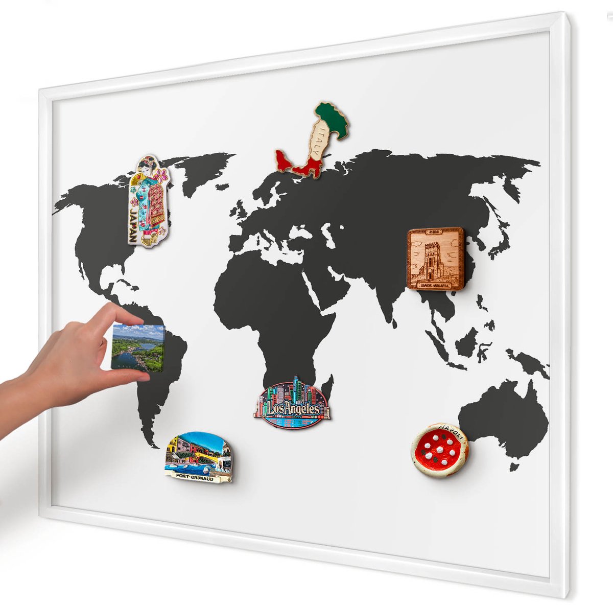 Artprintcave Zwart Magneetbord mit Witte Lijst - 80x60 cm - Wereldkaart Magneet Bord mit Frame - Minimalist Magnetische Organizer - Kaarten