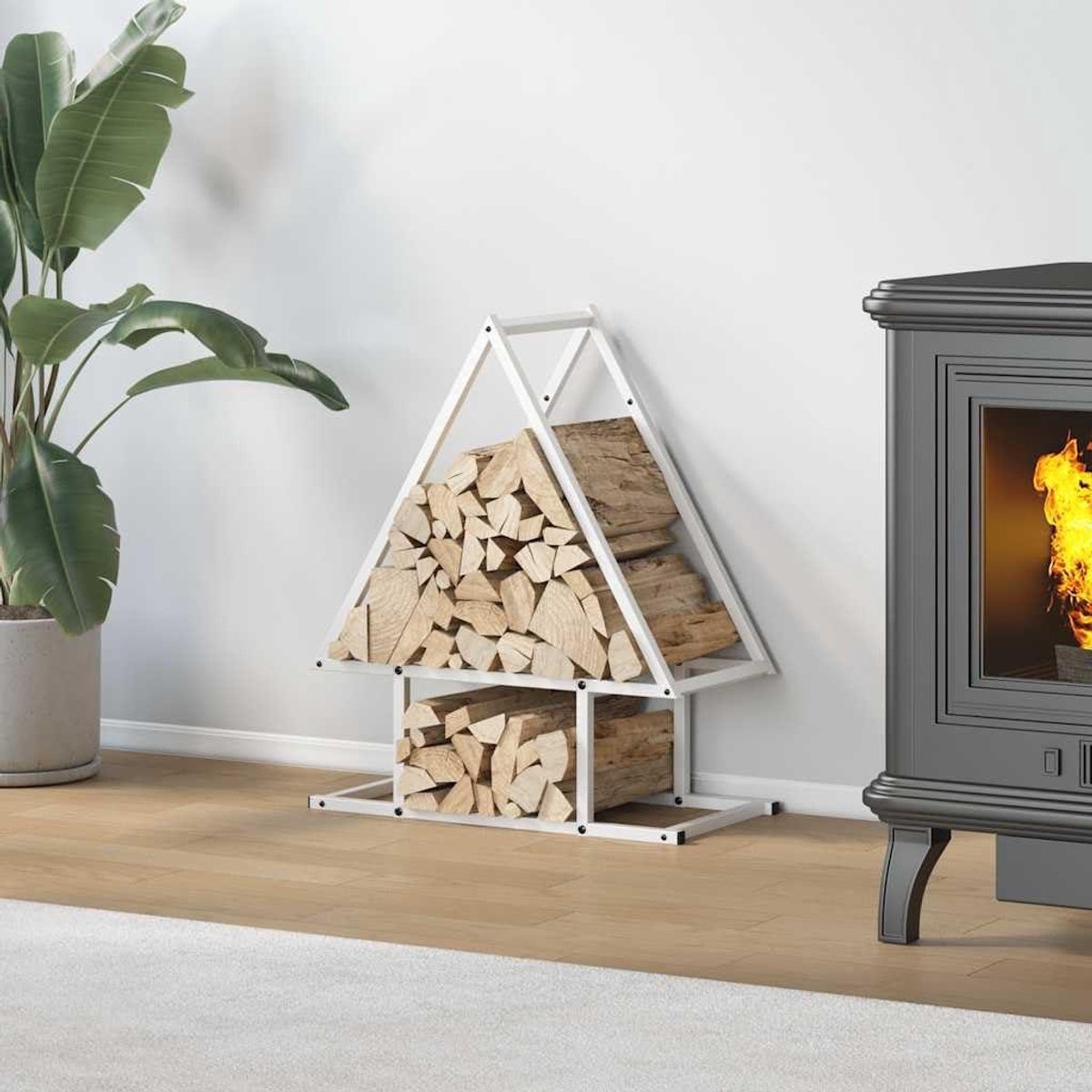 Brandhoutrek Staal - Houtopslag Haardhout - Haardhout Opslaan - Goede Luchtcirculatie - 50 x 25 x 60 cm - Wit
