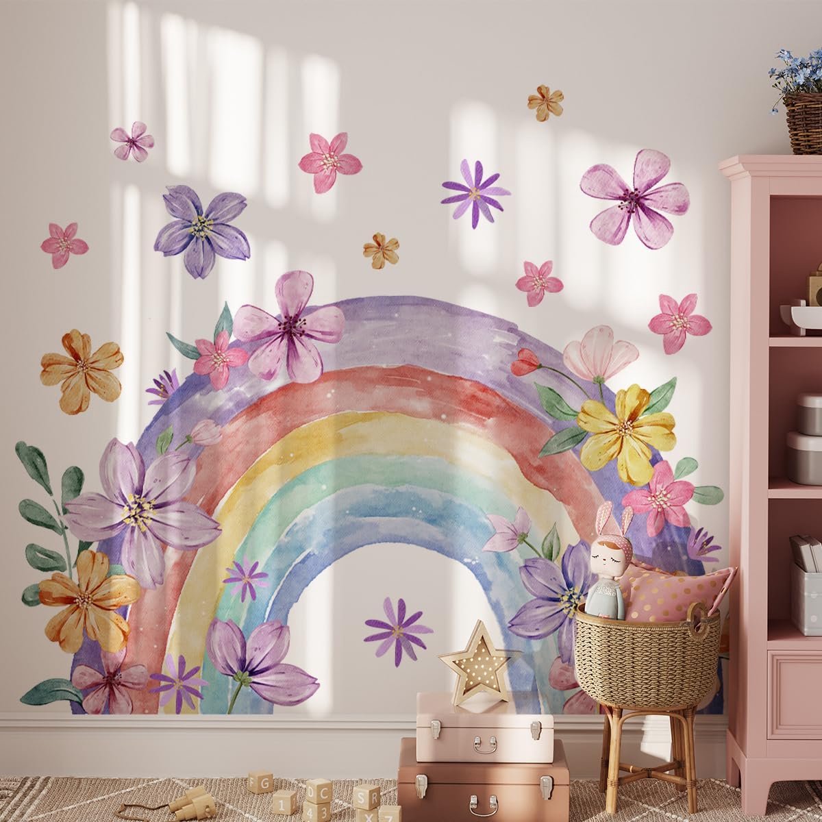 SnelShoppen - WandSticker4U Wand Sticker RAINBOW Kinderen Kamer Pastel Lilac/Roze 110x90cm | Grote Wanddecoratie Meisjes Boho Bloemen | Wandsticker Ki