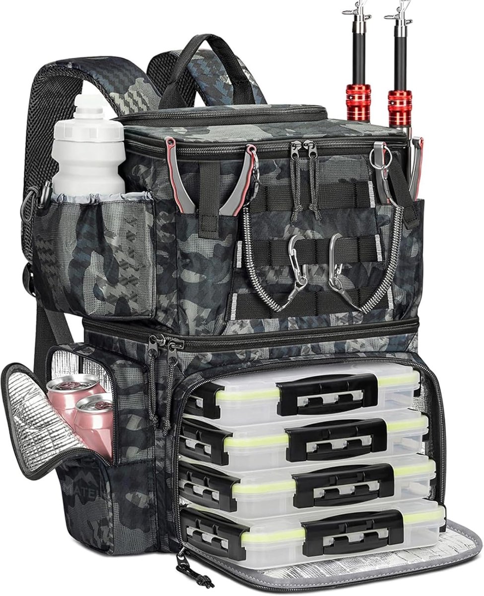 Visrugzak met 4 Aasvakken - Waterdicht - Camouflage - Ideaal voor Vissers - ShopVlot