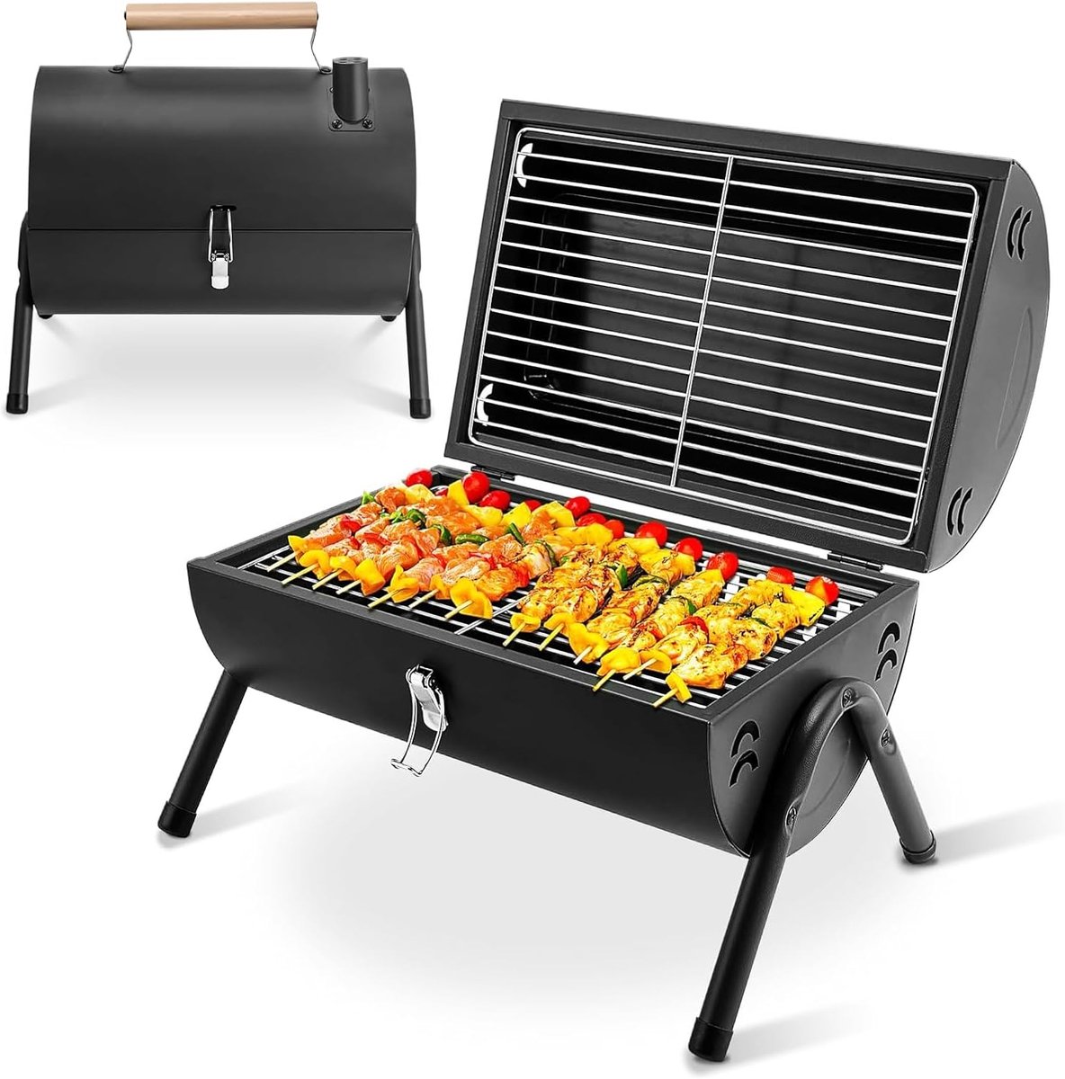 SnelShoppen - Draagbare BBQ-grill, houtskoolgrill, inklapbaar, dubbelzijdig rookgrill voor camping, tuin, wandelen, picknick, zwart