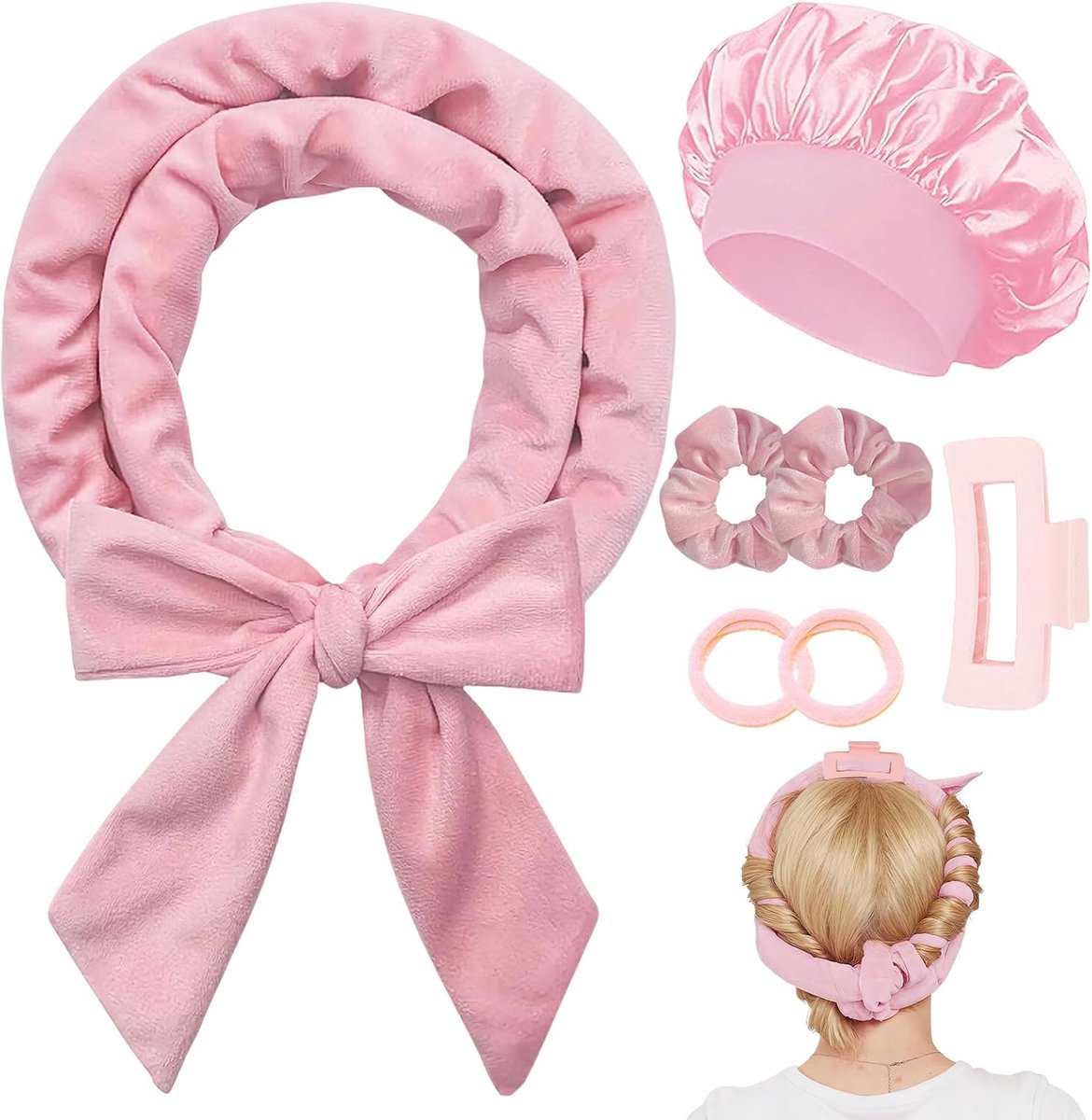 SnelShoppen - No Heat Curls Nacht Krulset - DIY Haar Krullers, 7 Stuks met Slapende Hoofdband, Geschikt voor Lang en Middellang Haar (Roze)