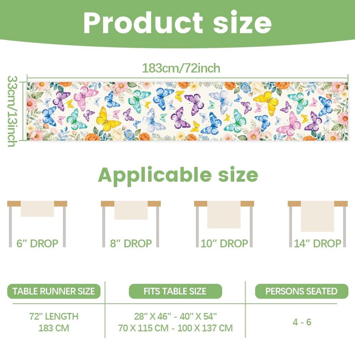 Tafelloper 30 x 183cm - Watercolor bloemen en vlinders - Kleurrijk design - Voor sfeervolle dinerervaring - ShopVlot