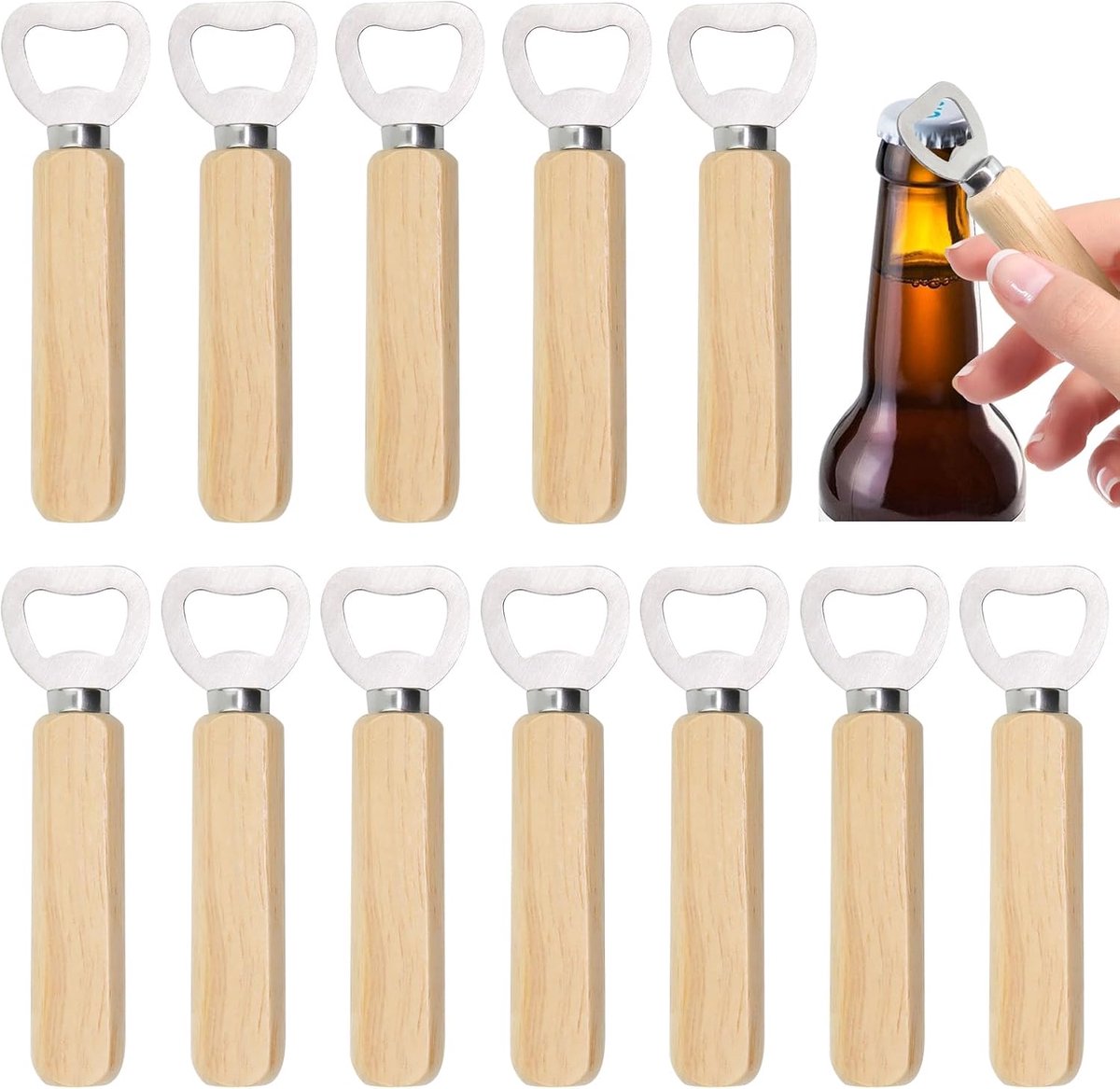 SnelShoppen - 12 Stuks Houten Handvat Bierflesopener, Draagbare Flesopener, Geschikt voor Feest, Camping, DIY Cadeaus, Hoogwaardige Hout en RVS