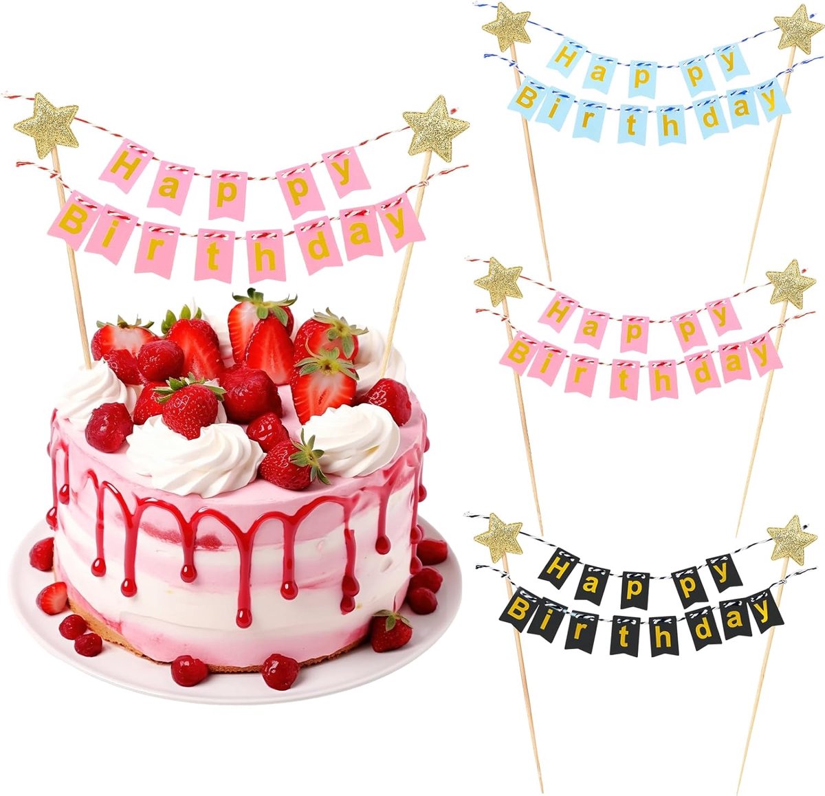 SnelShoppen - 3 Stuks Happy Birthday Taart Toppers Banner Decoratie - Verjaardag Versiering voor Taarten en Cupcakes - Hoogwaardige Papier en Bamboe -