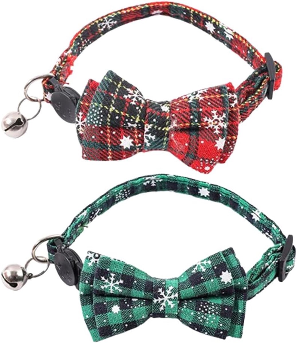 Honden- en kattenhalsbanden kerst 19-30 cm - set van 2 - met strik en bel - perfect voor kerstfoto's - ShopVlot