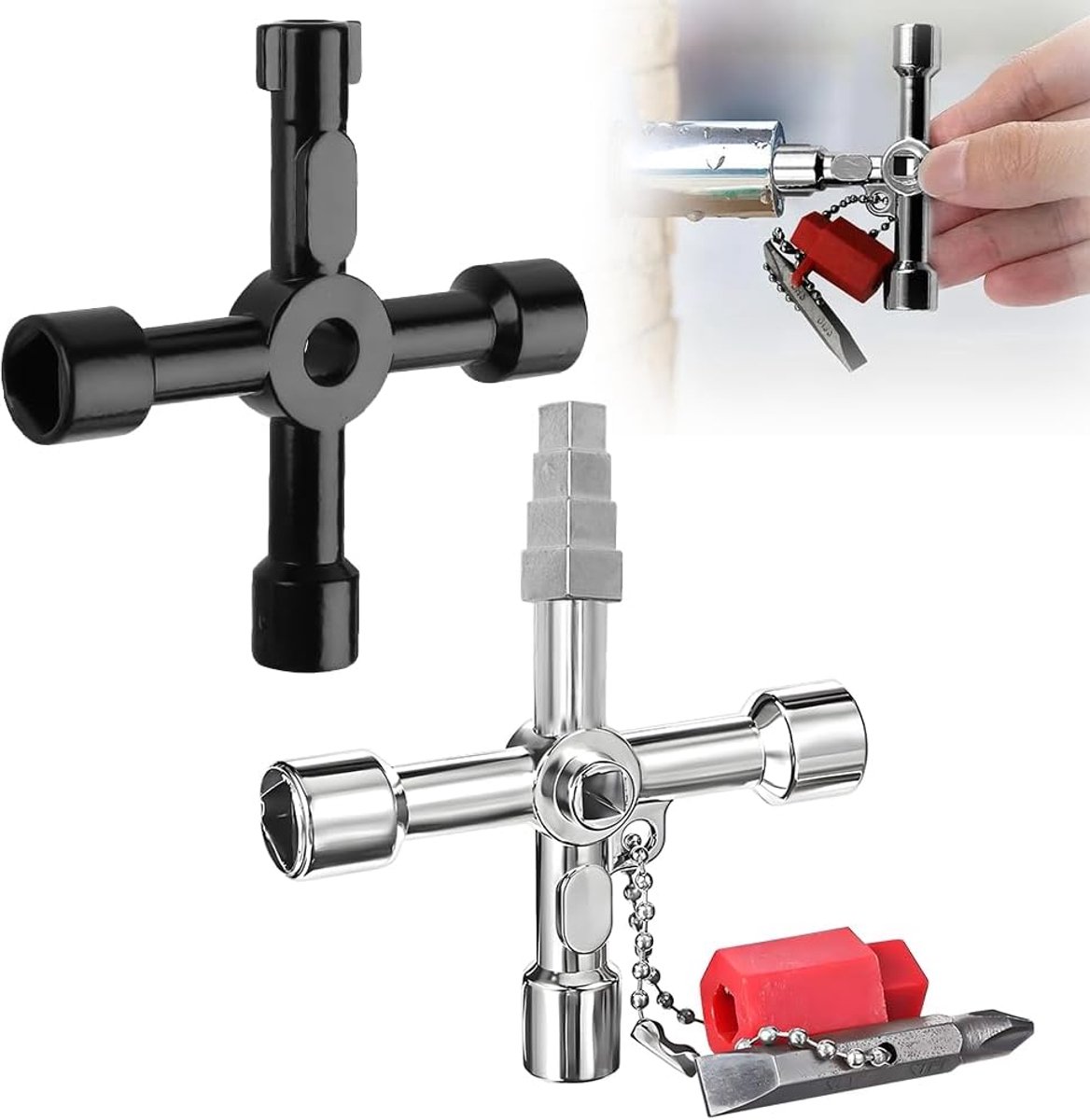 4 Way Multi-Purpose Wrench - 2 Pieces Universal Cross Control Cabinet - Universele Controlekast Sleutel - Heater - Ontluchtingssleutel - Kruissleutel voor Elektrische Water Gas Meterdoos