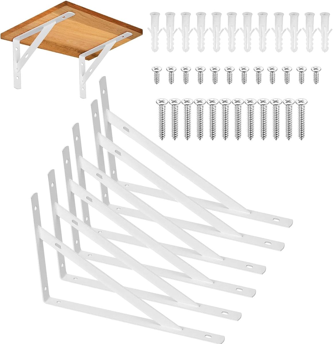 Plankhouders 6 stuks in metaal, 90 graden plankdragers voor zware belasting - console voor wandmontage met schroeven - wit 150 x 95 mm - maximale belasting 30 kg