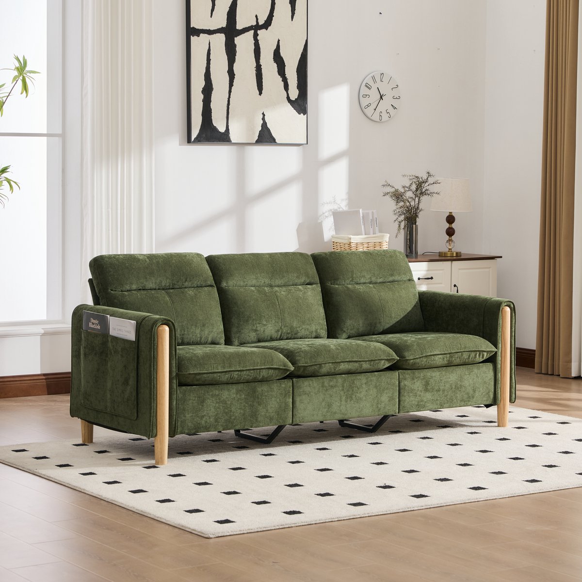 MODENUIT Hoekbank 201 cm - Met Opberghocker En Zijvakken - Voor Woonkamer En Kleine Ruimtes - Chenille Groen