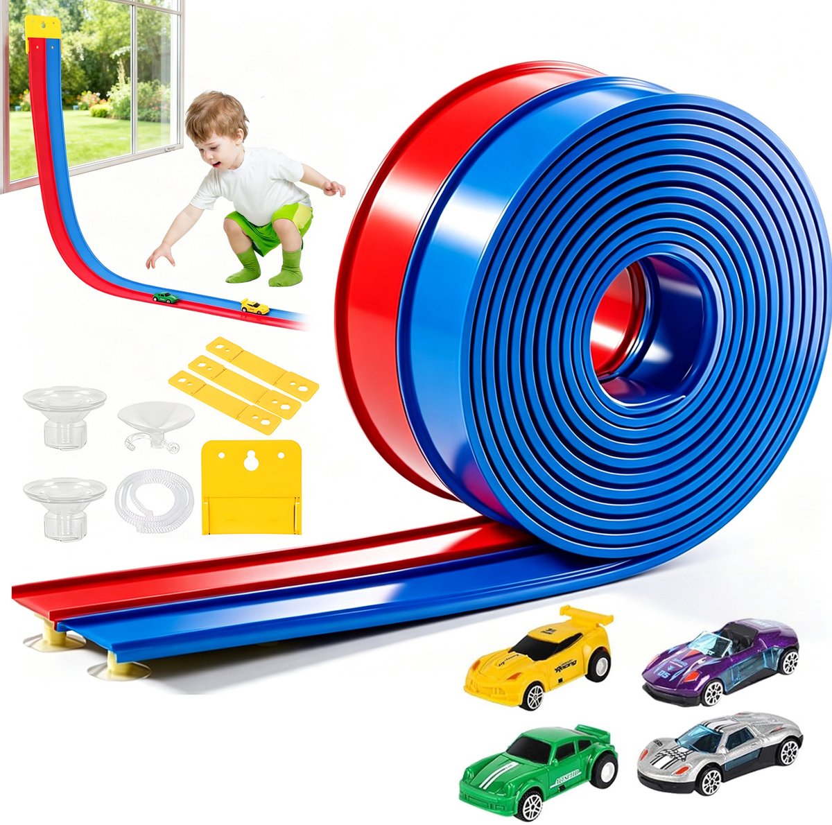 Flexibele Racebaan 4,6 Meter - 2 Schuifauto's & 2 Pullback-auto's - Sterke Zuignapbevestiging met Schroeven & Haken - Voor 1:64 Auto's - Buigbaar & Creëer Elke Vorm - Voor Binnen & Buiten Spelen -Geweldig Cadeau voor Verjaardag & Feestdagen