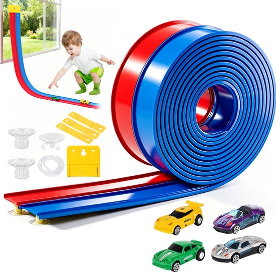 Flexibele rode en blauwe racebaan met een jongetje, 4 miniatuurauto's, zuignappen en ophangaccessoires.
