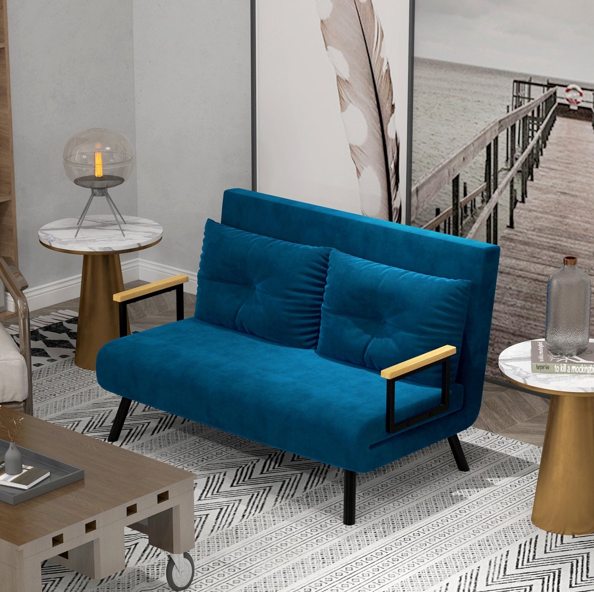 COVREO Relaxfauteuil 102x73x81 cm blauw, velvet met bedfunctie