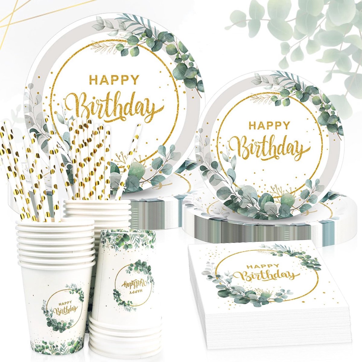 Verjaardagsservies set 125-delig - Eucalyptus groen - Voor 25 gasten - Perfect voor verjaardagsfeest - ShopVlot
