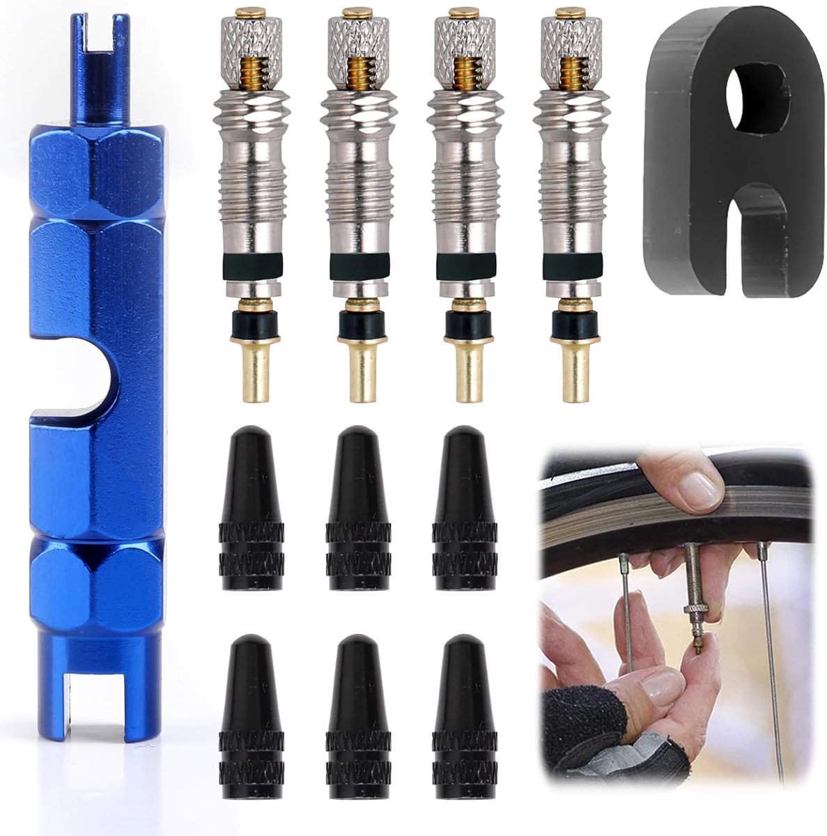 SnelShoppen - 12-delige set voor Tubeless MTB ventielen, inclusief Presta ventielkernen, busontmantelingstools en fietspomp adapters - universele oplo