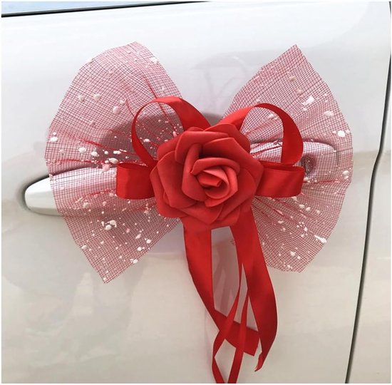 SnelShoppen - 10 Stuks Auto Decoratie Bloemen voor Bruiloft, Car Bow, Achteruitkijkspiegel Versiering, Rozen Boog, Mesh en Polyester, Kleurkeuze: Paar