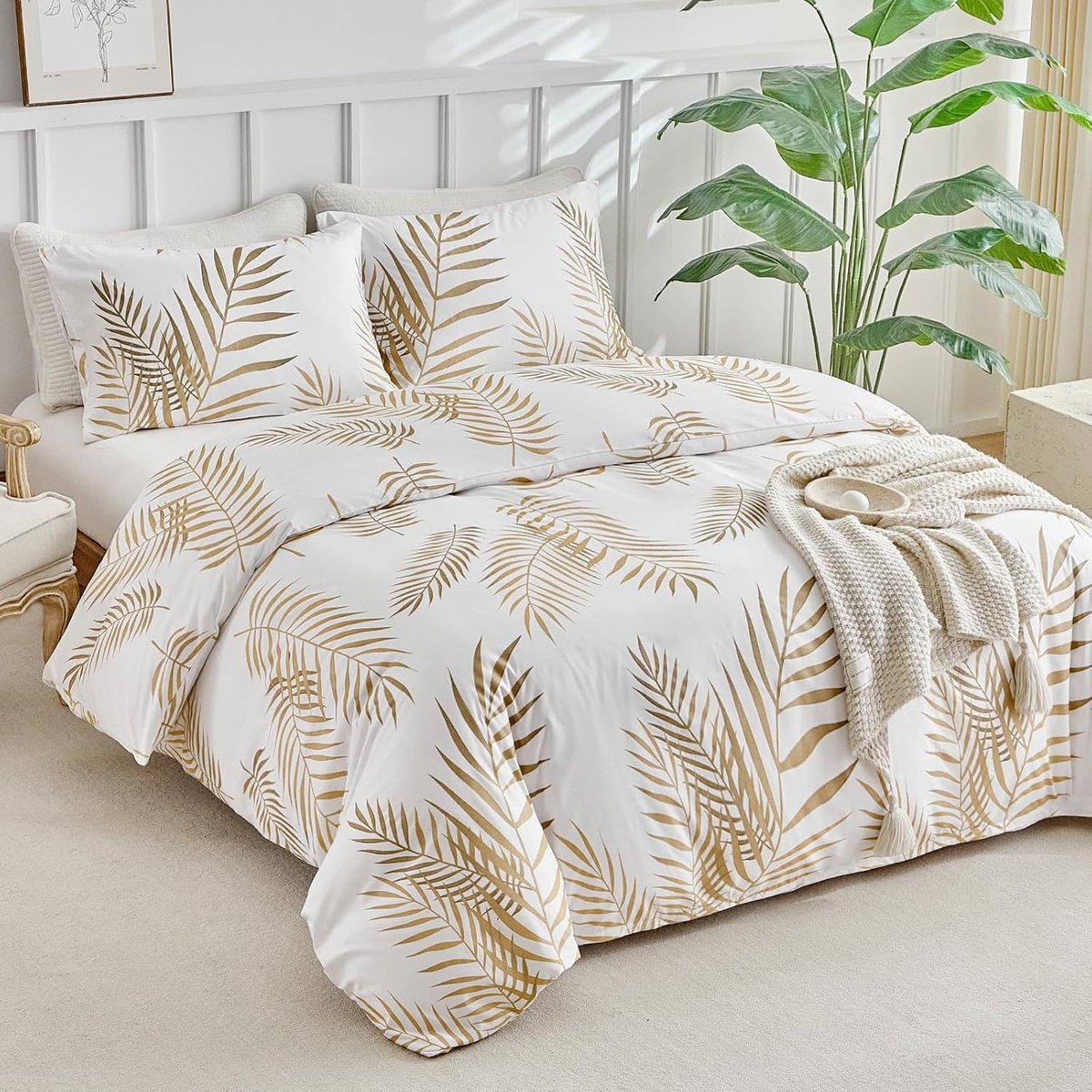 SnelShoppen - Dekbedovertrek 240x220cm + 2 Kussenslopen 50x75cm Beddegoed Set met Gouden Takken & Bladeren Motief 100% Microfiber Duurzaam Design Goud