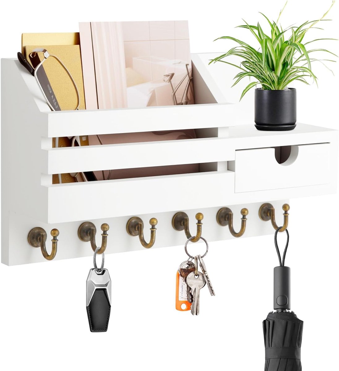 SnelShoppen - Houten Sleutelrek met Plank, Sleutelhouder met 6 Haken en Opberglade, Wandplank voor Entree, Kantoor, Hal - Wit
