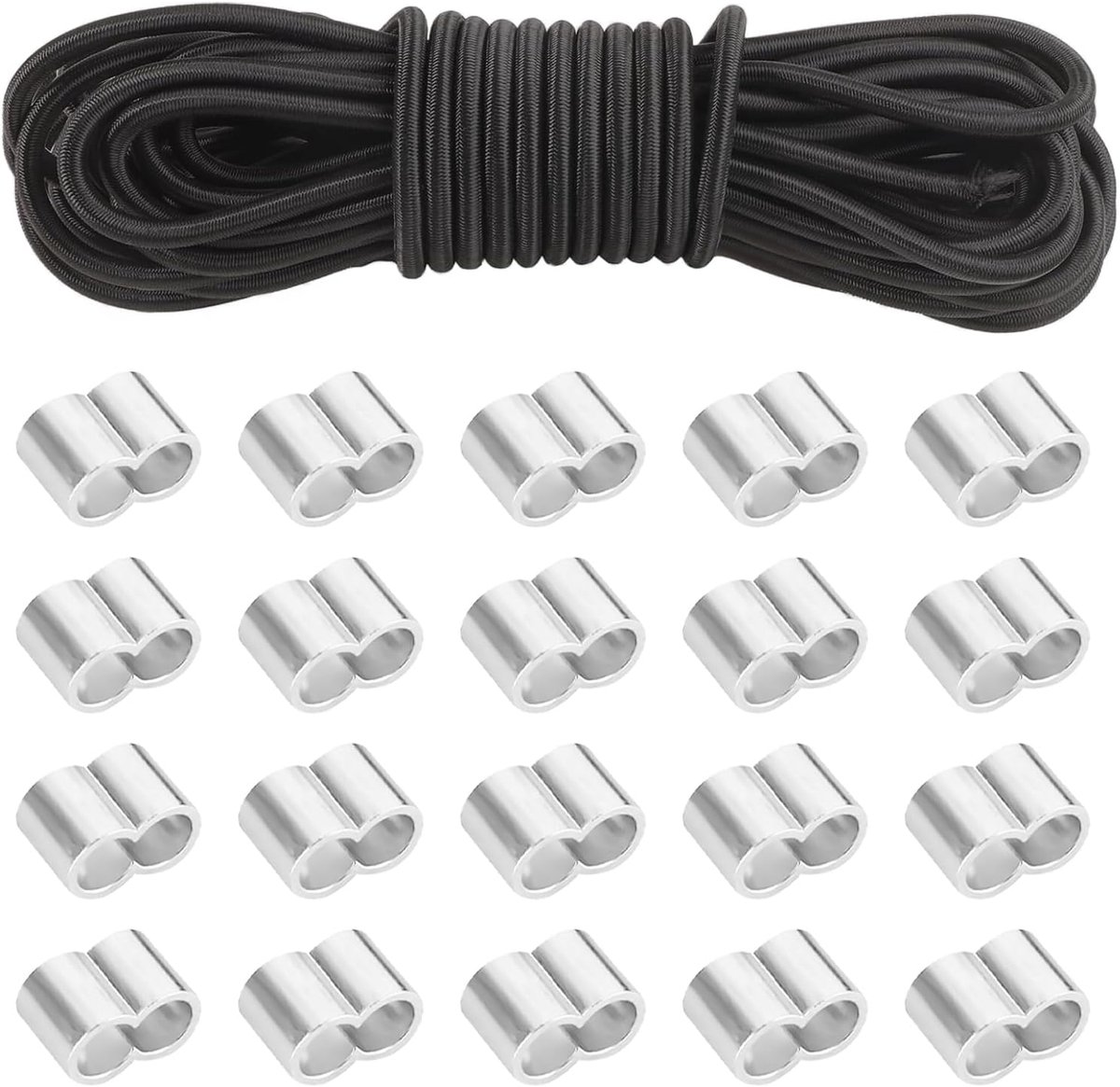 SnelShoppen - 8 mm x 10 m Rubber Touw met 20 Klemmen, Zwart Elastisch Koord voor Aanhangwagen, Zeilen, Kamperen, Buitenactiviteiten