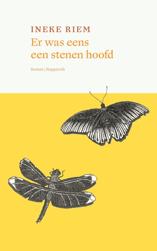 Boekcover met de titel 'Er was eens een stenen hoofd' en illustraties van een vlinder en een libel.