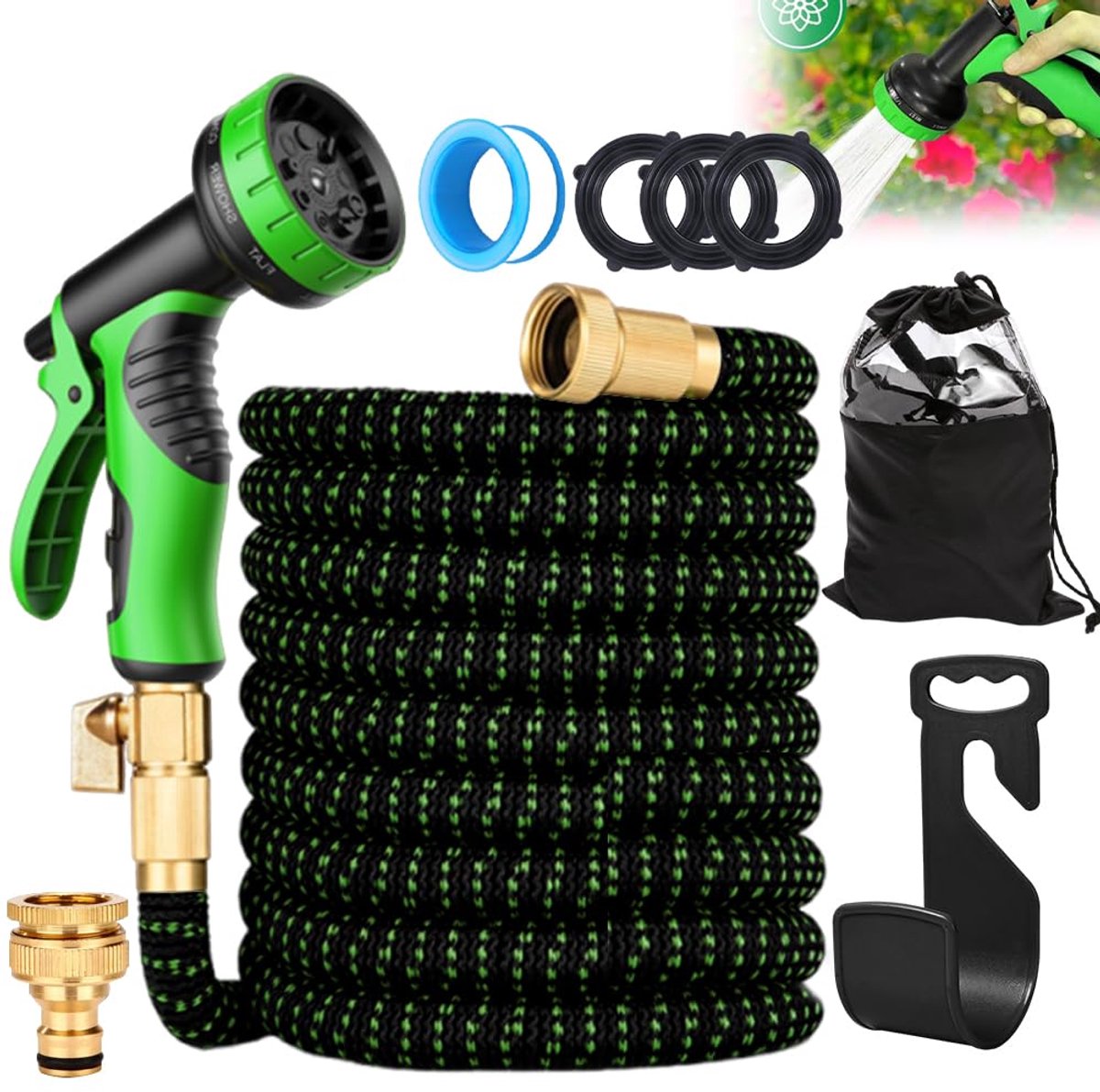 SnelShoppen - Tuinslang 15 m, Uitrekbare Tuinslang met 10 Spuitfuncties, 3 Laags Latex, Met Adapter 3/4 en 1/2 Inch, Ideaal voor Tuin en Buiten