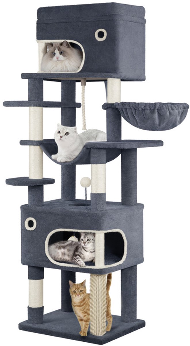 Hzuaneri Kattenkrabpaal, 178cm Meerlaagse Kattenboom met Groot Platform, 2 Grotten, 7 Sisalpalen, Pompons, Kattenmand, Hangmat, Geschikt voor Katten van Alle Groottes, Donkergrijs