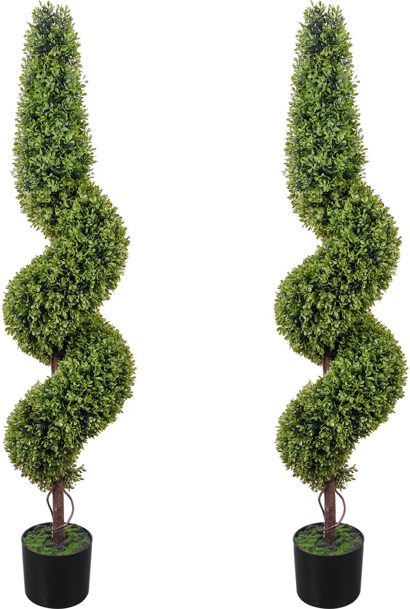 Triumpunpre Kunstbuxus Spiraal Topiary Set van 2, 120 cm – Kunstplant voor Binnen en Buiten met Zwarte Pot – Dichte Bladeren & Stevig Frame – Onderhoudsvrije Nepboom voor Entree, Tuin, Balkon en Kantoor 120cm