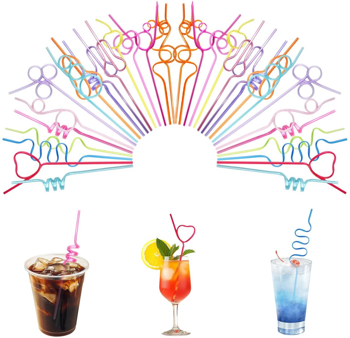 Omgoods- Drinkrietjes Herbruikbaar 34 Stuks - Gekrulde Rietjes - Vrolijke Kleuren - 23-26 cm - Veilig voor Kinderen - Ideaal voor Feestjes