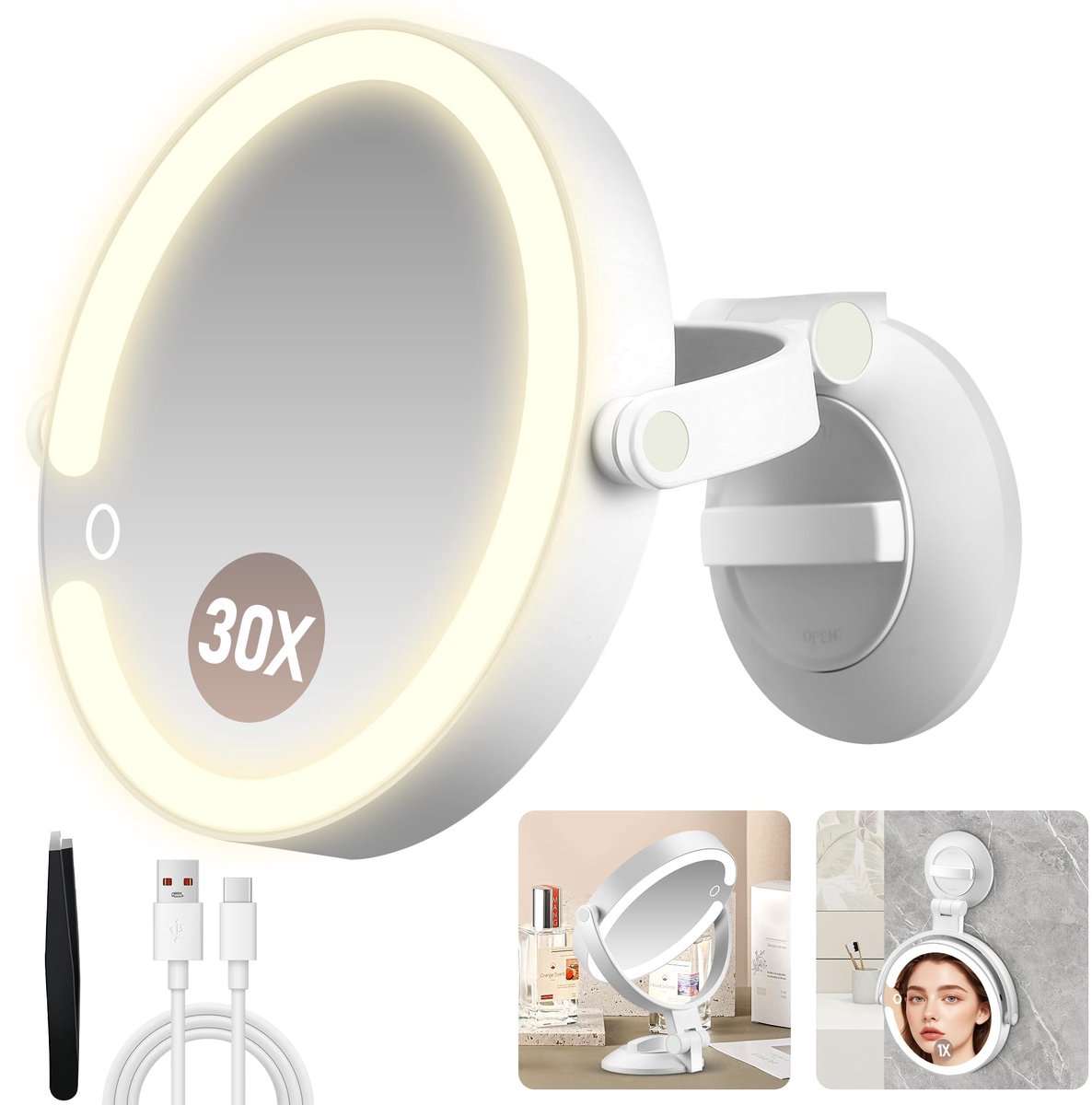 Omgoods - 30x Vergrotende Zuignap Make-up Spiegel met Verlichting - Draagbaar
