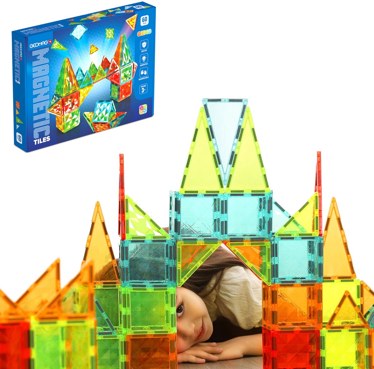 Omgoods- Magnetische Tegels 60 Stuks - Bouw Speelgoed - Creatief Speelgoed - Transparante Kleuren - Veilig Magnetisch Speelgoed - Ontwikkelt Creativiteit - Bouwspeelgoed