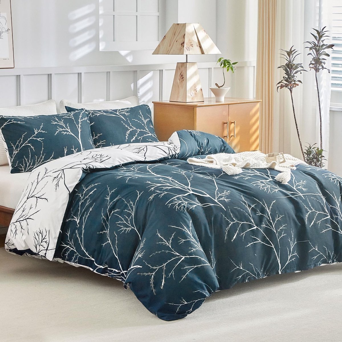 Omgoods - Dekbedovertrek 200x220 cm Navy Blauw Takjespatroon - Microvezel 3-Delig